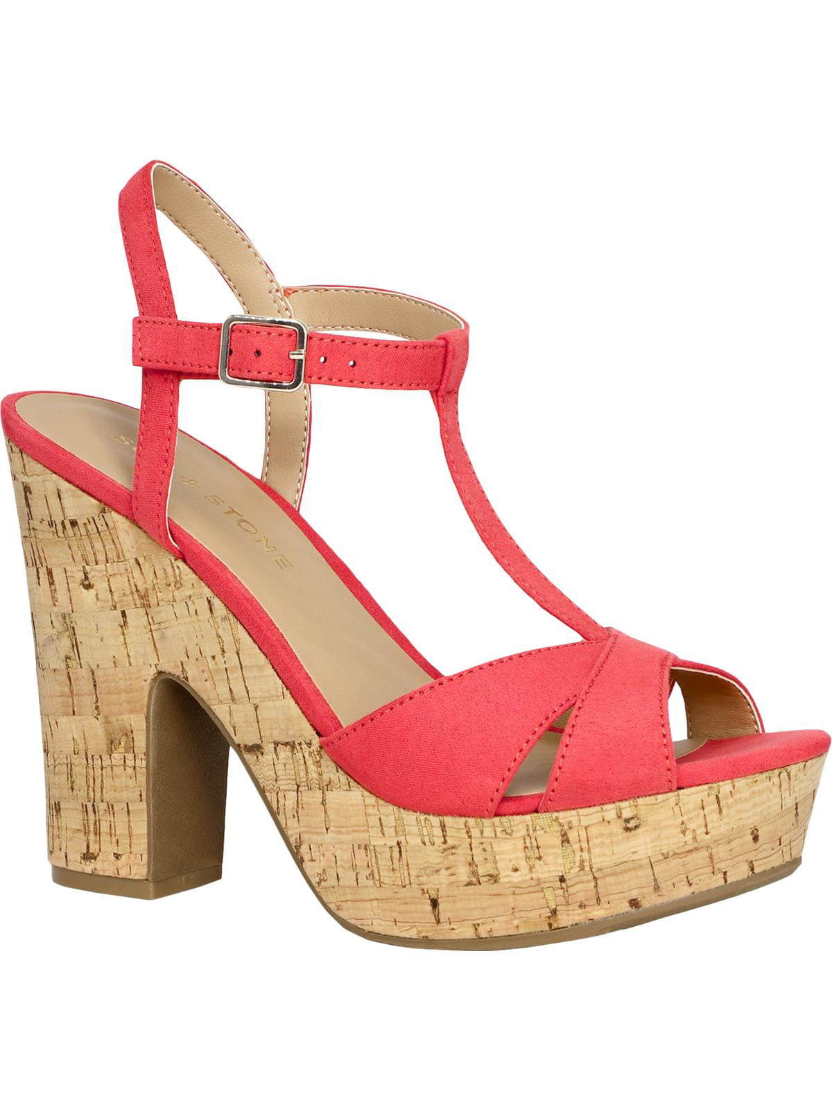 Tamancos femininos Sun Stone Coral 1 com plataforma, acolchoados, com tiras em T, antiderrapantes, salto bloco Jamie e fivela, tamanho coral 9,5 M