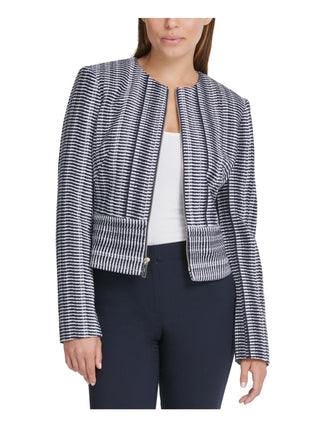 Jaqueta feminina DKNY listrada com zíper frontal, azul, tamanho 16