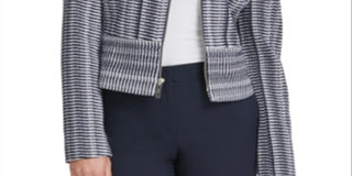 Jaqueta feminina DKNY listrada com zíper frontal, azul, tamanho 16