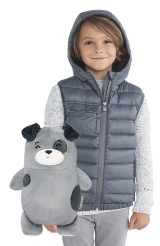 Colete de plumas transformador 2 em 1 para meninos Cubcoats Pimm The Puppy com capuz e pelúcia macia cinza
