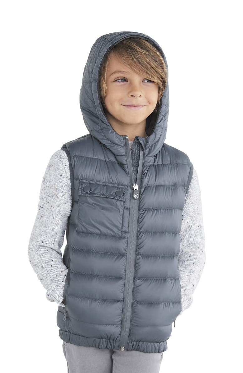 Colete de plumas transformador 2 em 1 para meninos Cubcoats Pimm The Puppy com capuz e pelúcia macia cinza