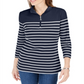 Karen Scott Blusa feminina listrada com zíper e gola alta, azul marinho, tamanho pequeno P