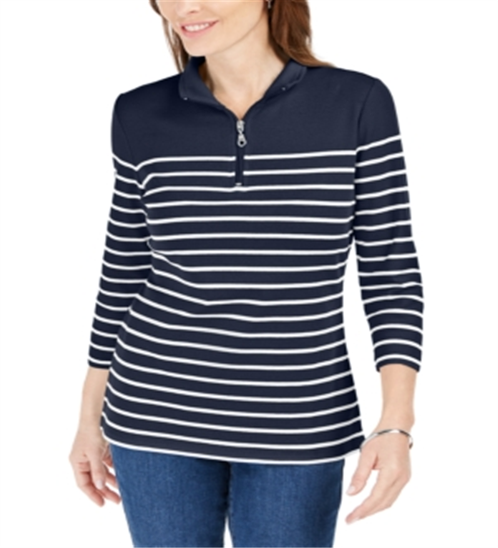 Karen Scott Blusa feminina listrada com zíper e gola alta, azul marinho, tamanho pequeno P