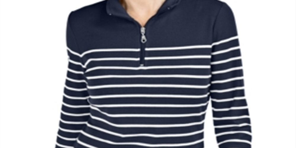 Karen Scott Blusa feminina listrada com zíper e gola alta, azul marinho, tamanho pequeno P