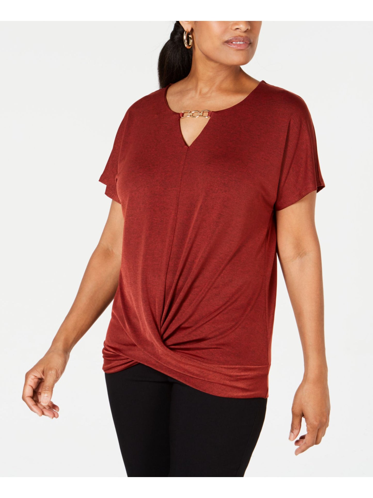 JM Collection Blusa feminina de manga curta com decote em V para usar no trabalho, vermelha, tamanho grande