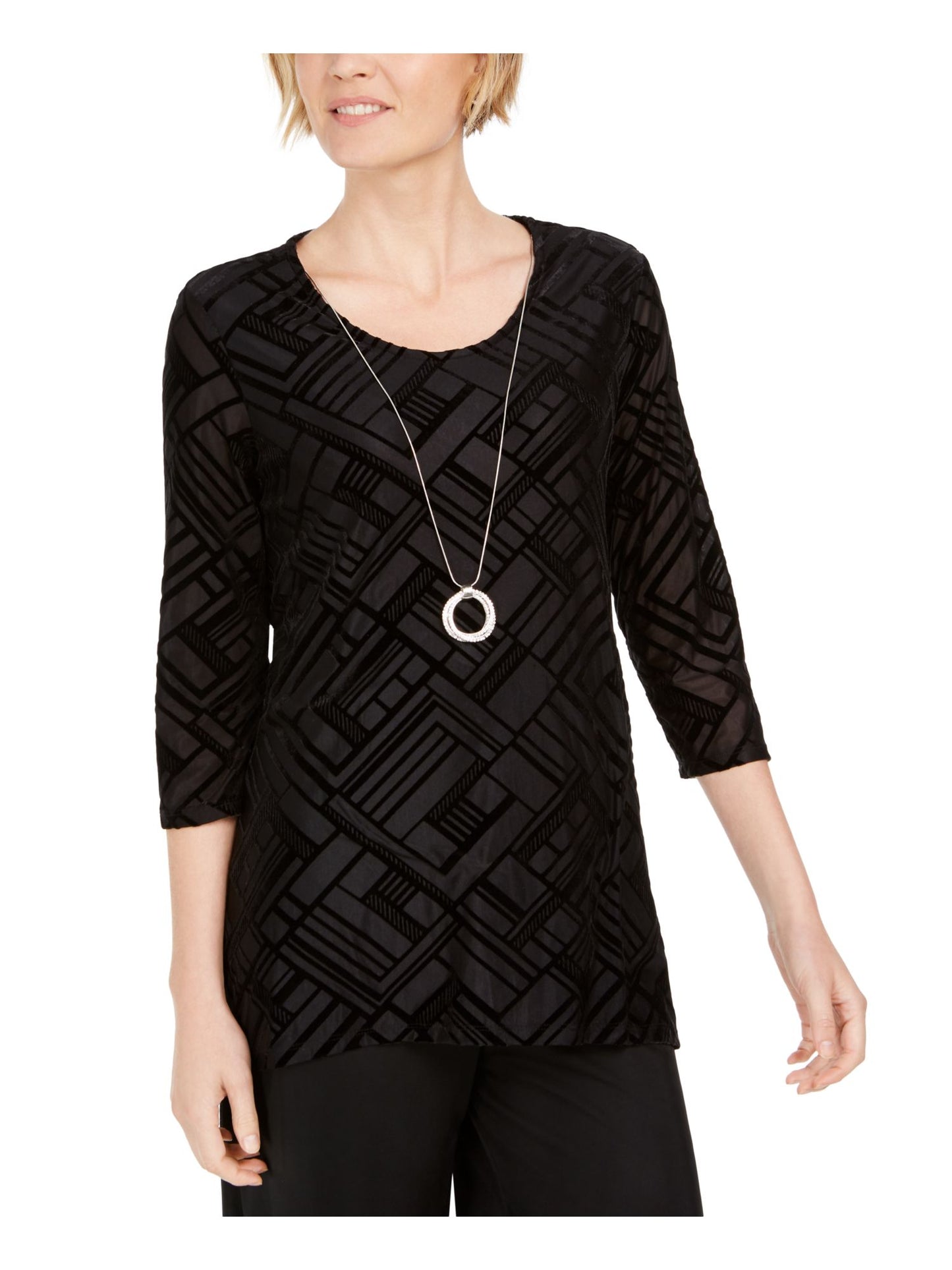 JM Collection Blusa de veludo feminina com manga 3/4 e decote redondo, preta, tamanho pequeno