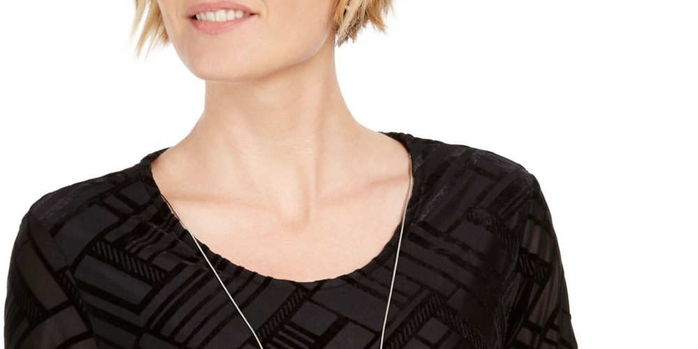 JM Collection Blusa de veludo feminina com manga 3/4 e decote redondo, preta, tamanho pequeno