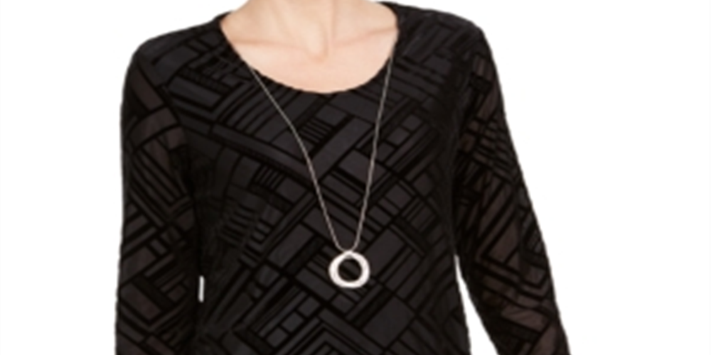 JM Collection Blusa de veludo feminina com manga 3/4 e decote redondo, preta, tamanho pequeno