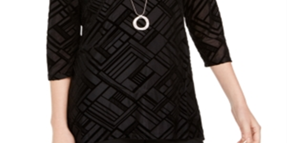 JM Collection Blusa de veludo feminina com manga 3/4 e decote redondo, preta, tamanho pequeno