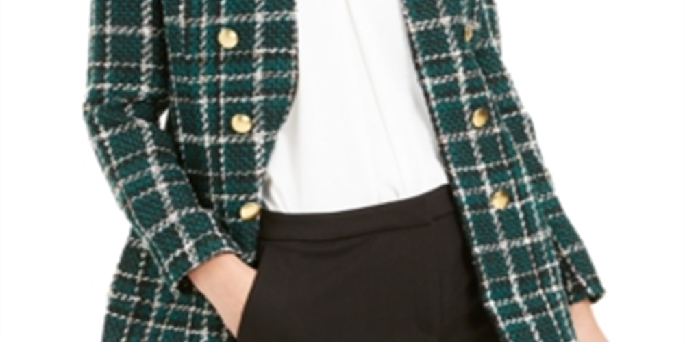Jaqueta feminina Bar III xadrez com frente aberta e abotoamento duplo, verde, tamanho 14