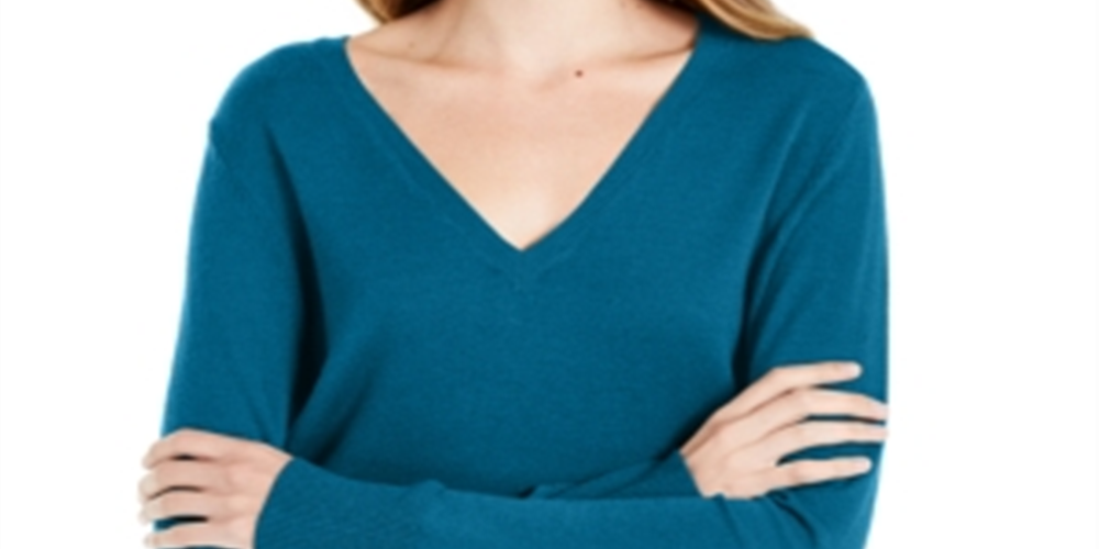 Suéter feminino Maison Jules com decote em V, azul, tamanho extrapequeno