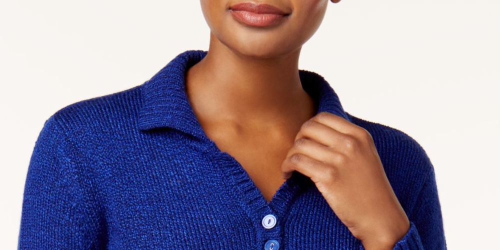 Karen Scott Suéter Feminino Manga Longa com Botões e Gola Azul Tamanho Grande