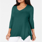 JM Collection Top feminino com decote em V e bainha em lenço, verde, tamanho grande
