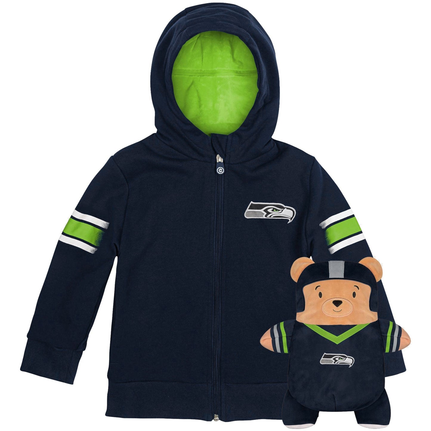 Moletom com capuz e pelúcia macios Cubcoats para meninos, Seattle Seahawks 2 em 1, com zíper e transformação, azul