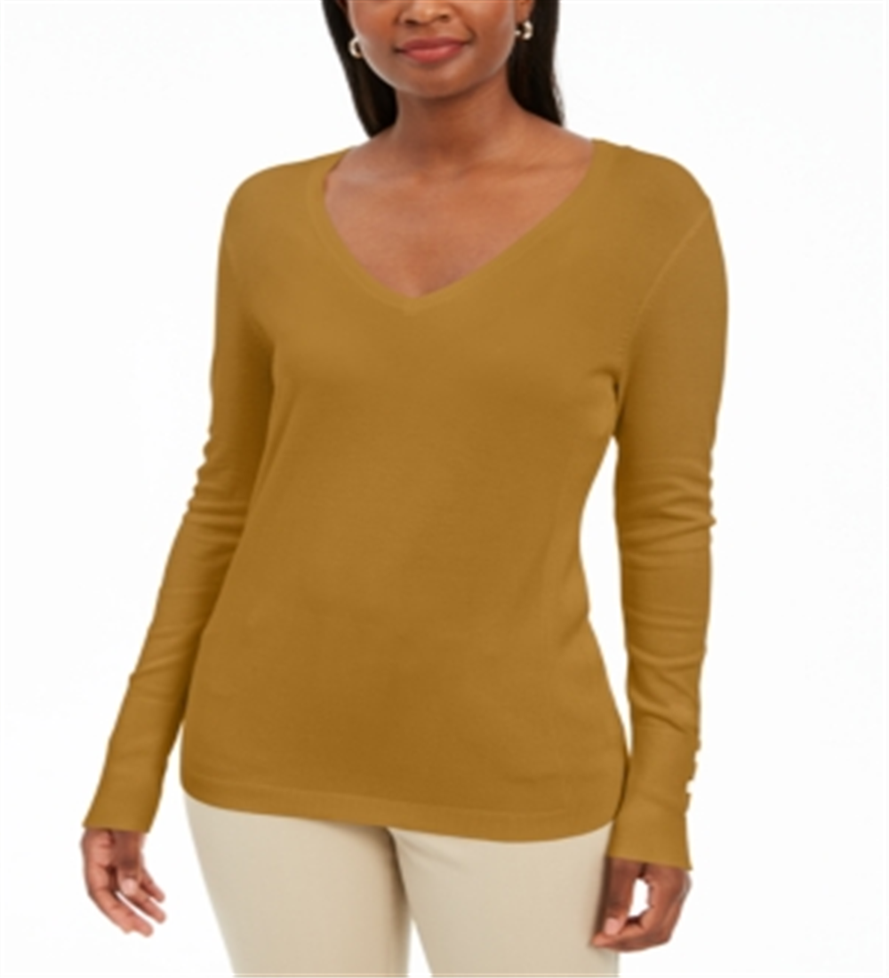 JM Collection Suéter feminino com decote em V e mangas enfeitadas, amarelo, tamanho X-S