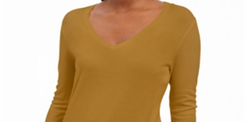 JM Collection Suéter feminino com decote em V e mangas enfeitadas, amarelo, tamanho X-S