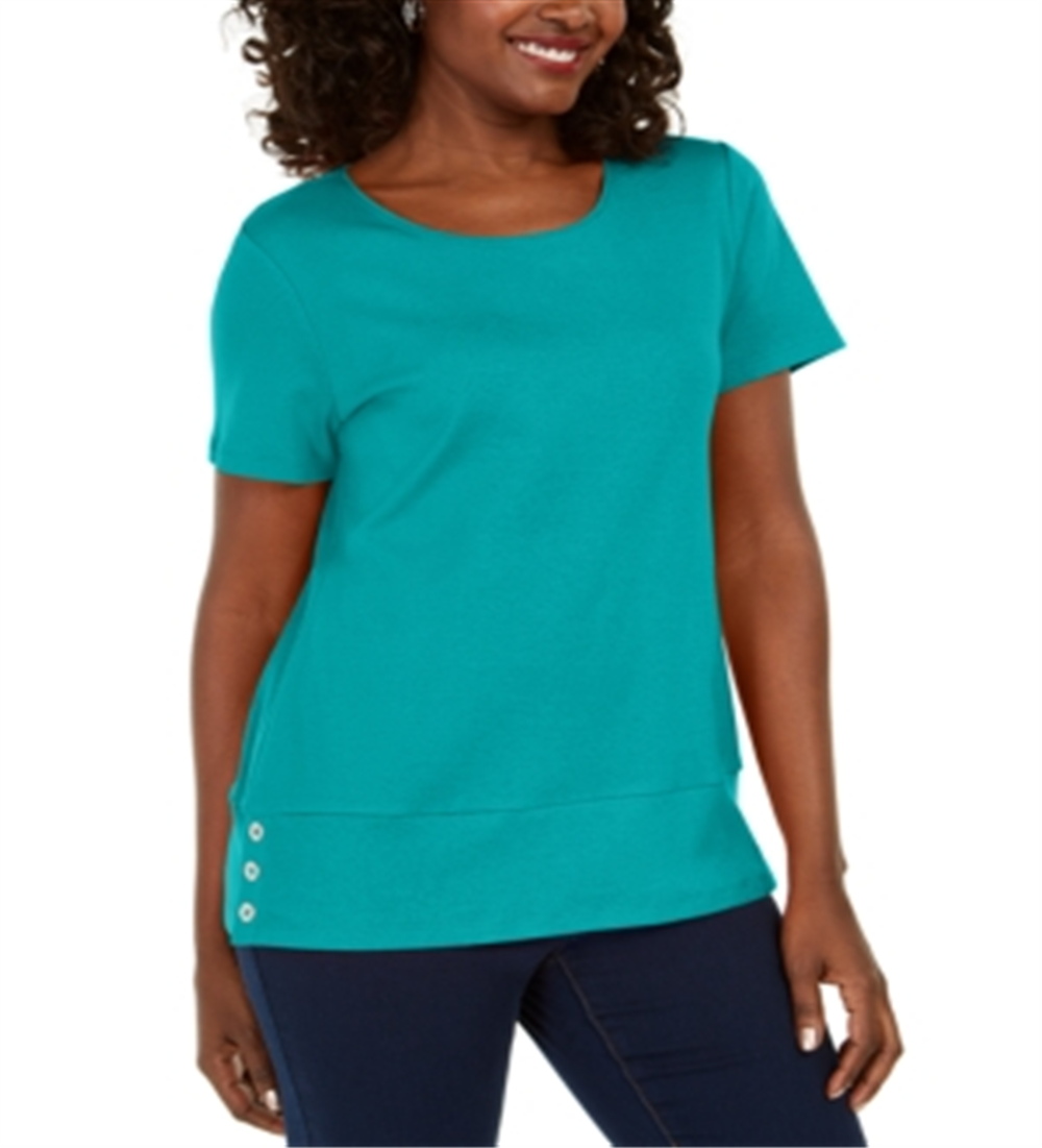 Blusa de algodão com decote redondo e bainha de botão feminina Karen Scott, azul, tamanho pequeno