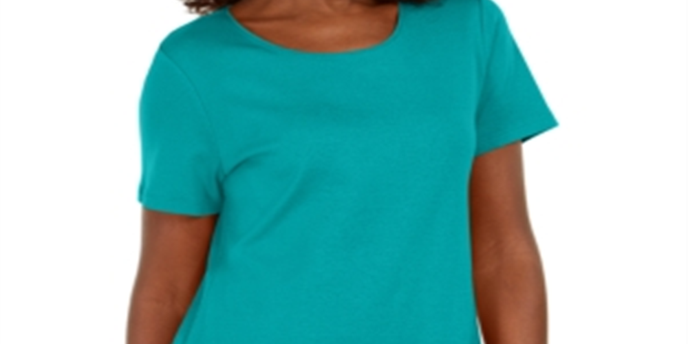 Blusa de algodão com decote redondo e bainha de botão feminina Karen Scott, azul, tamanho pequeno