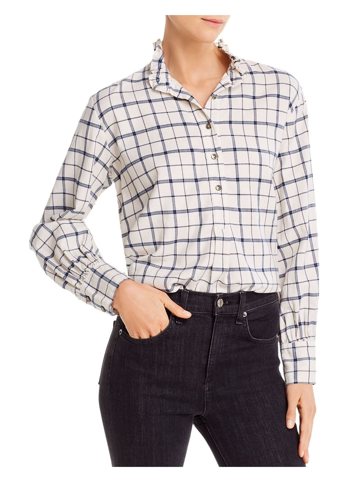 Blusa feminina xadrez com mangas e punhos e gola, tamanho pequeno, branca, Rebecca Taylor