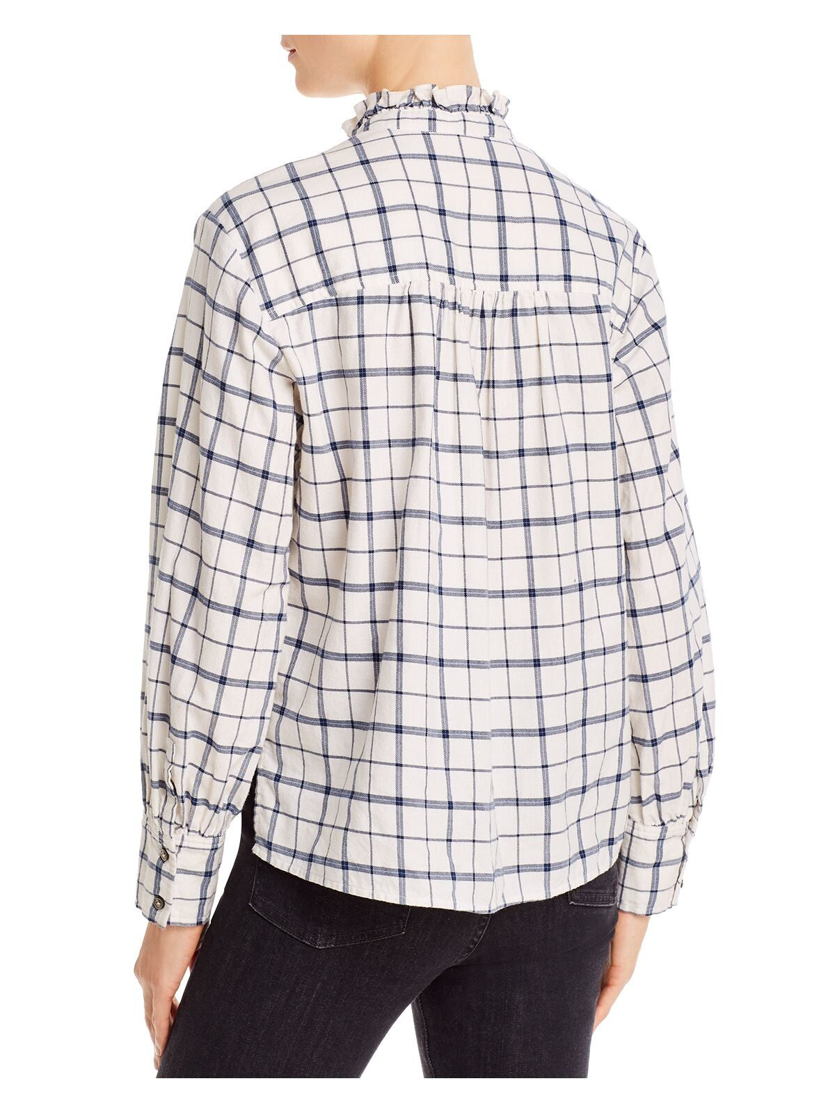 Blusa feminina xadrez com mangas e punhos e gola, tamanho pequeno, branca, Rebecca Taylor