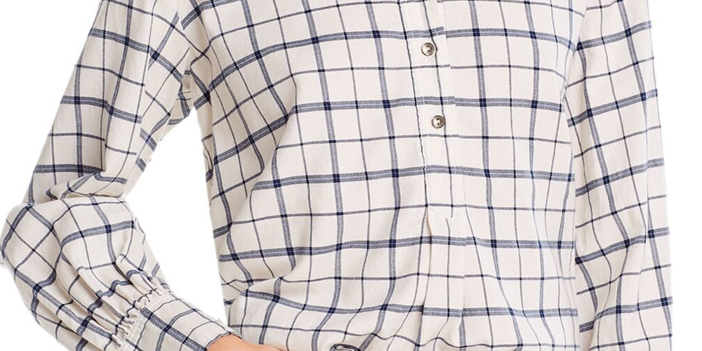 Blusa feminina xadrez com mangas e punhos e gola, tamanho pequeno, branca, Rebecca Taylor