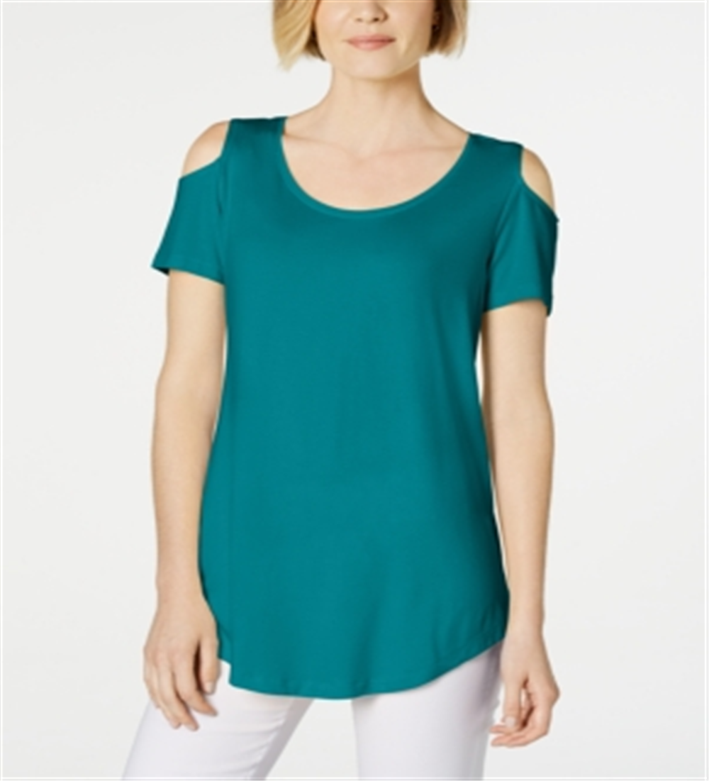 Camiseta feminina JM Collection com ombros descobertos e manga curta, azul, tamanho X-G