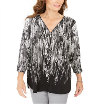 Túnica feminina estampada com zíper e gola alta, preta, tamanho pequeno, da coleção JM