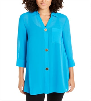 Blusa feminina Alfani semi transparente com manga 3/4, azul, tamanho pequeno P/M