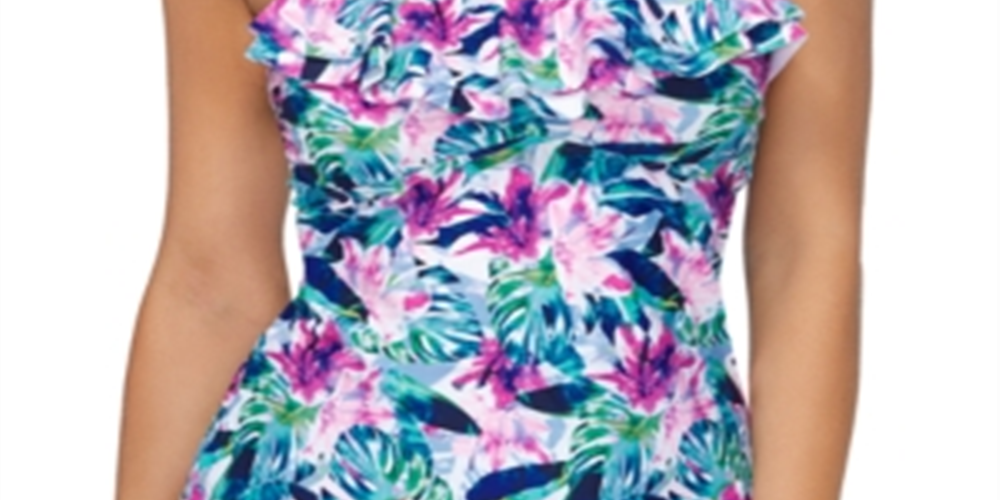 Top de natação tankini estampado feminino Island Escape, branco
