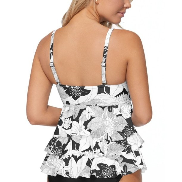 Top de natação feminino Island Escape Aloha Bloom com estampa em camadas, preto, tamanho 6