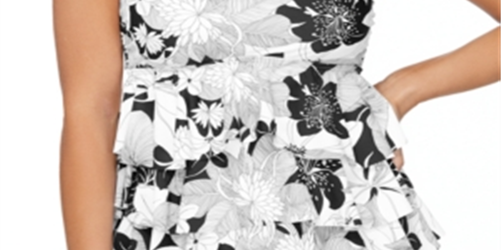 Top de natação feminino Island Escape Aloha Bloom com estampa em camadas, preto, tamanho 6