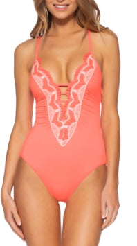 Maiô feminino Delilah Plunge Becca by Rebecca Virtue, rosa, tamanho médio