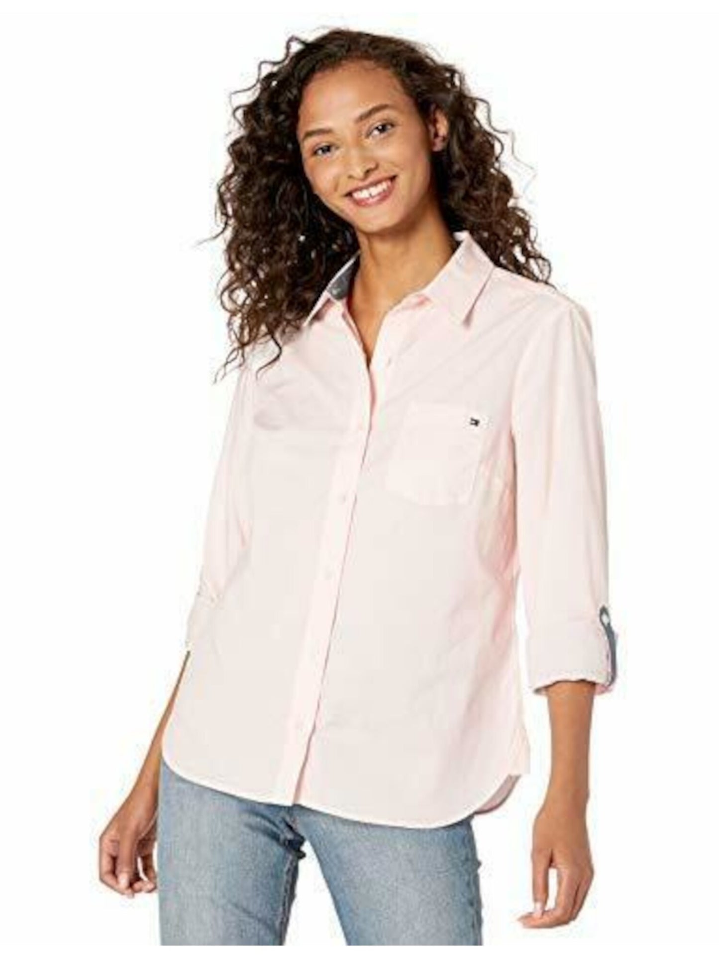 Tommy Hilfiger Blusa Feminina Manga Longa com Botões e Aba 3/4, Rosa, Tamanho P