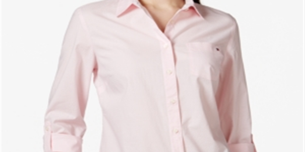 Tommy Hilfiger Blusa Feminina Manga Longa com Botões e Aba 3/4, Rosa, Tamanho P