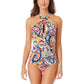 Maiô feminino Anne Cole Paisley Stretch Push Up Recorte Forro de amarrar Cobertura total Anel Gola alta Vermelho Tamanho 12