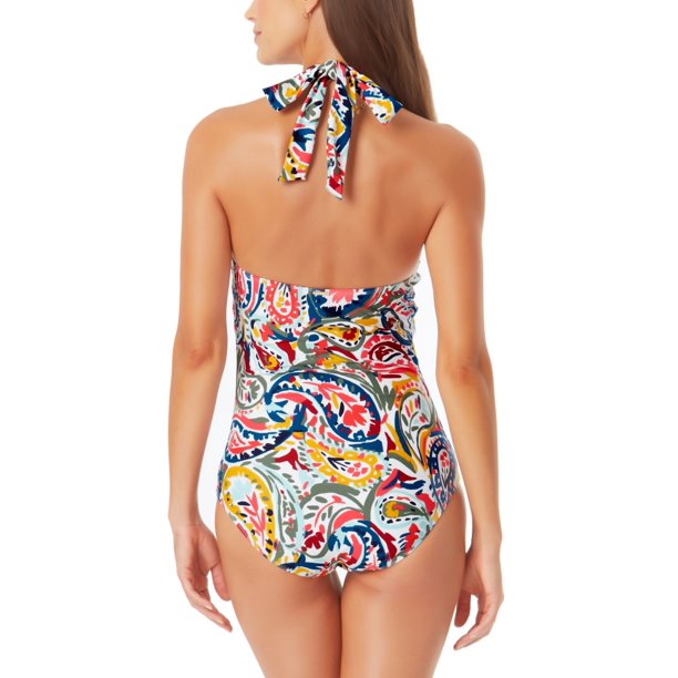 Maiô feminino Anne Cole Paisley Stretch Push Up Recorte Forro de amarrar Cobertura total Anel Gola alta Vermelho Tamanho 12