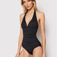 Ralph Lauren Feminino Controle de Barriga Franzido Amarração Decote em V Bojo Moldado Ajustável Beach Club Halter Tankini Maiô Top Preto