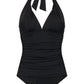Ralph Lauren Feminino Controle de Barriga Franzido Amarração Decote em V Bojo Moldado Ajustável Beach Club Halter Tankini Maiô Top Preto