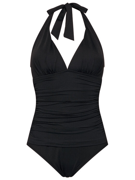 Ralph Lauren Feminino Controle de Barriga Franzido Amarração Decote em V Bojo Moldado Ajustável Beach Club Halter Tankini Maiô Top Preto