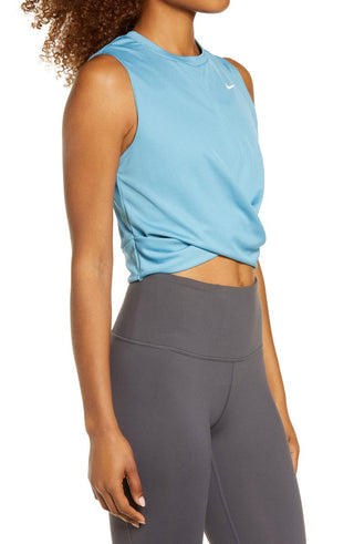 Camiseta de treino Nike Dry Crop Twist feminina, azul, tamanho pequeno