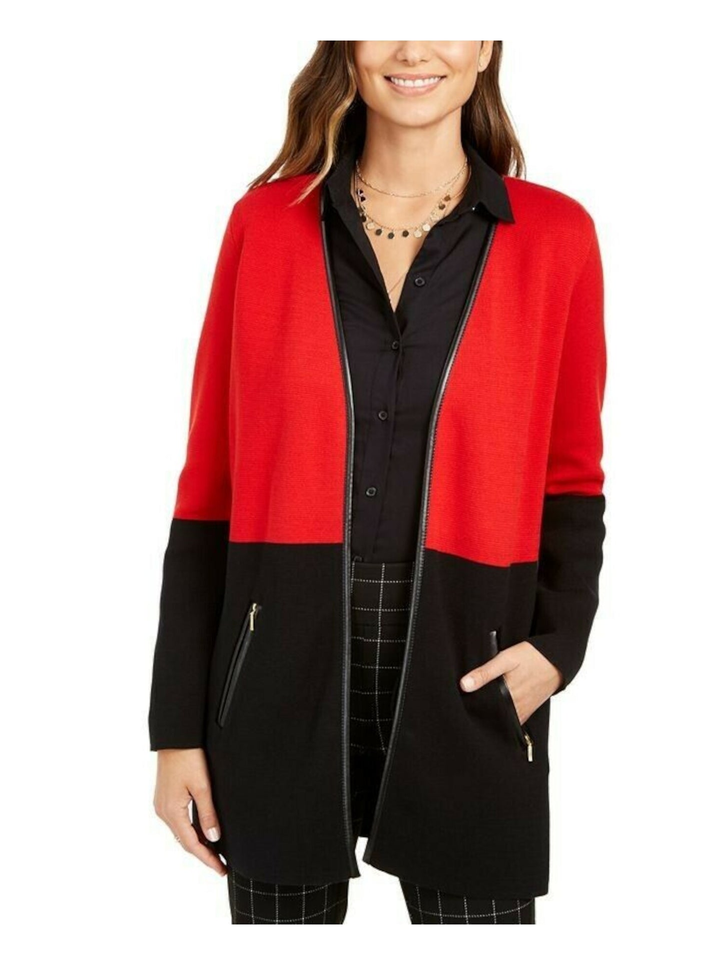 Cardigan feminino com estampa de bloco de cores e manga comprida aberta, camiseta e suéter vermelho, tamanho pequeno e pequeno
