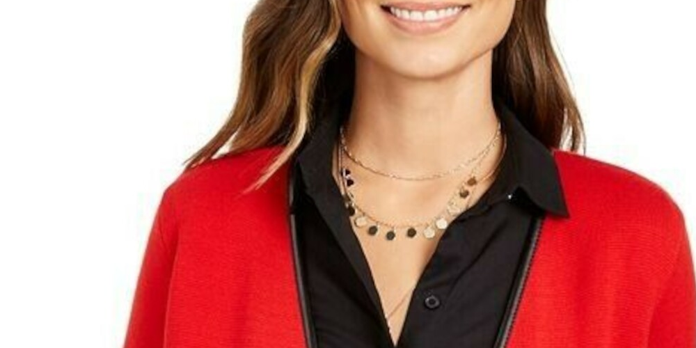 Cardigan feminino com estampa de bloco de cores e manga comprida aberta, camiseta e suéter vermelho, tamanho pequeno e pequeno