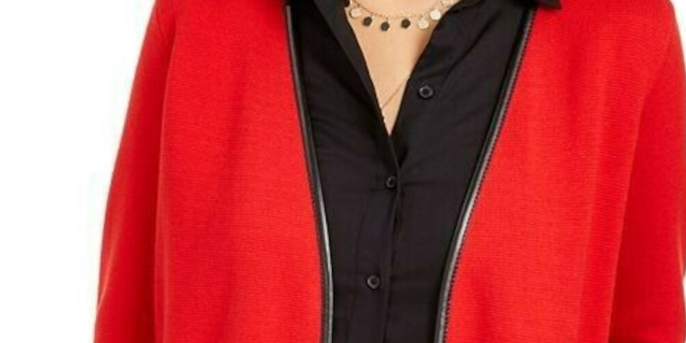 Cardigan feminino com estampa de bloco de cores e manga comprida aberta, camiseta e suéter vermelho, tamanho pequeno e pequeno