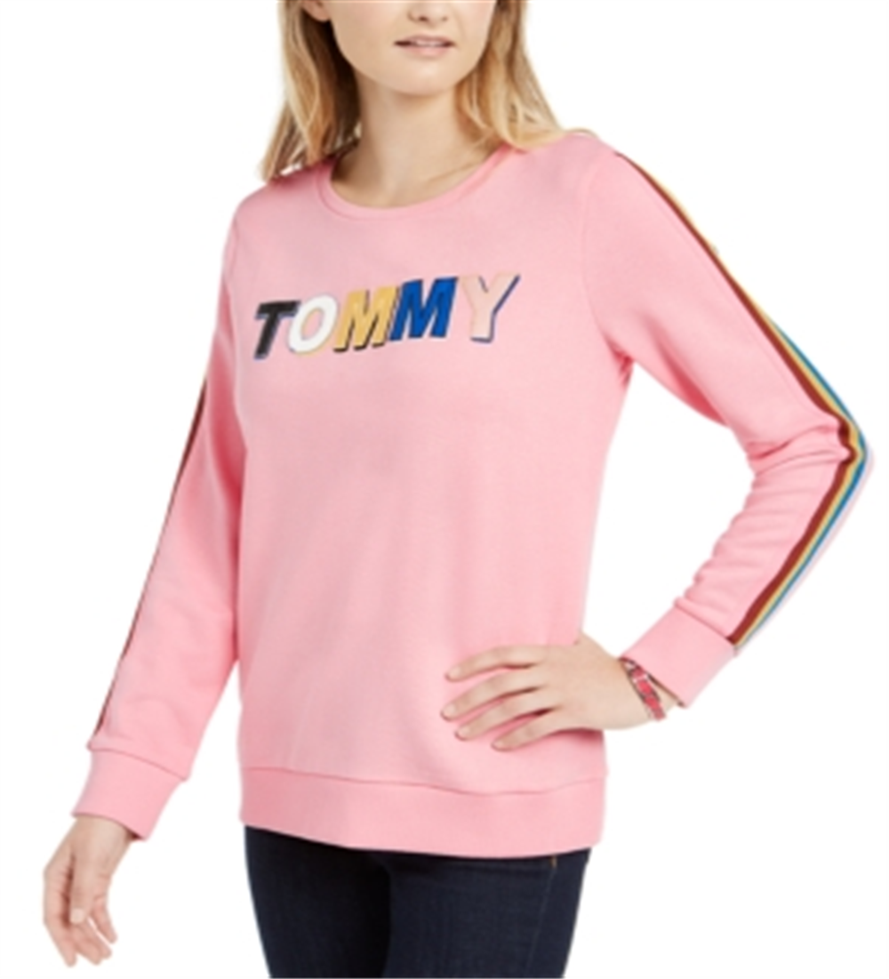 Tommy Hilfiger Moletom feminino com logo multicolorido rosa tamanho médio