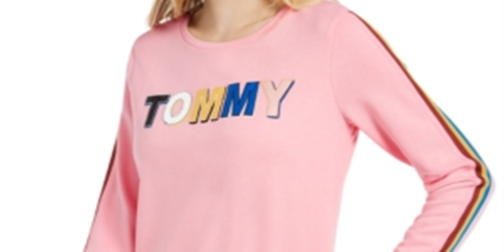 Tommy Hilfiger Moletom feminino com logo multicolorido rosa tamanho médio