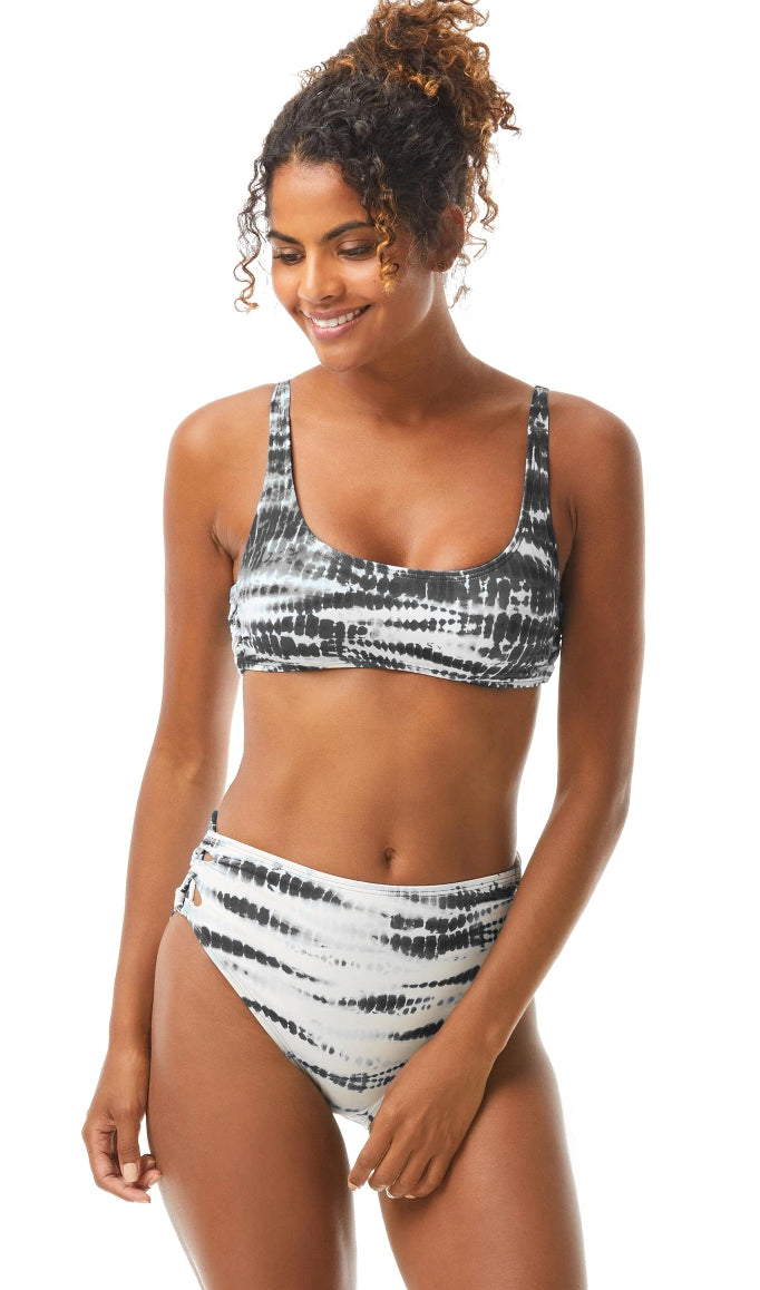 Calcinha de maiô feminina Vince Camuto Tie Dye com forro elástico e cobertura total, tiras, cintura alta, preta, tamanho médio