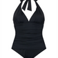 Ralph Lauren Feminino Controle de Barriga Franzido Amarração Decote em V Bojo Moldado Ajustável Beach Club Halter Tankini Maiô Top Preto