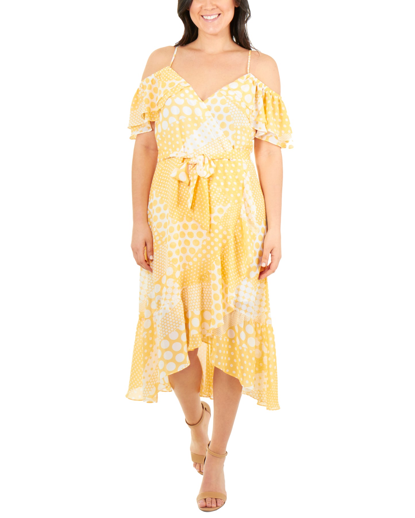 Vestido feminino NY Collection com babados e ombros descobertos, amarelo, tamanho 14