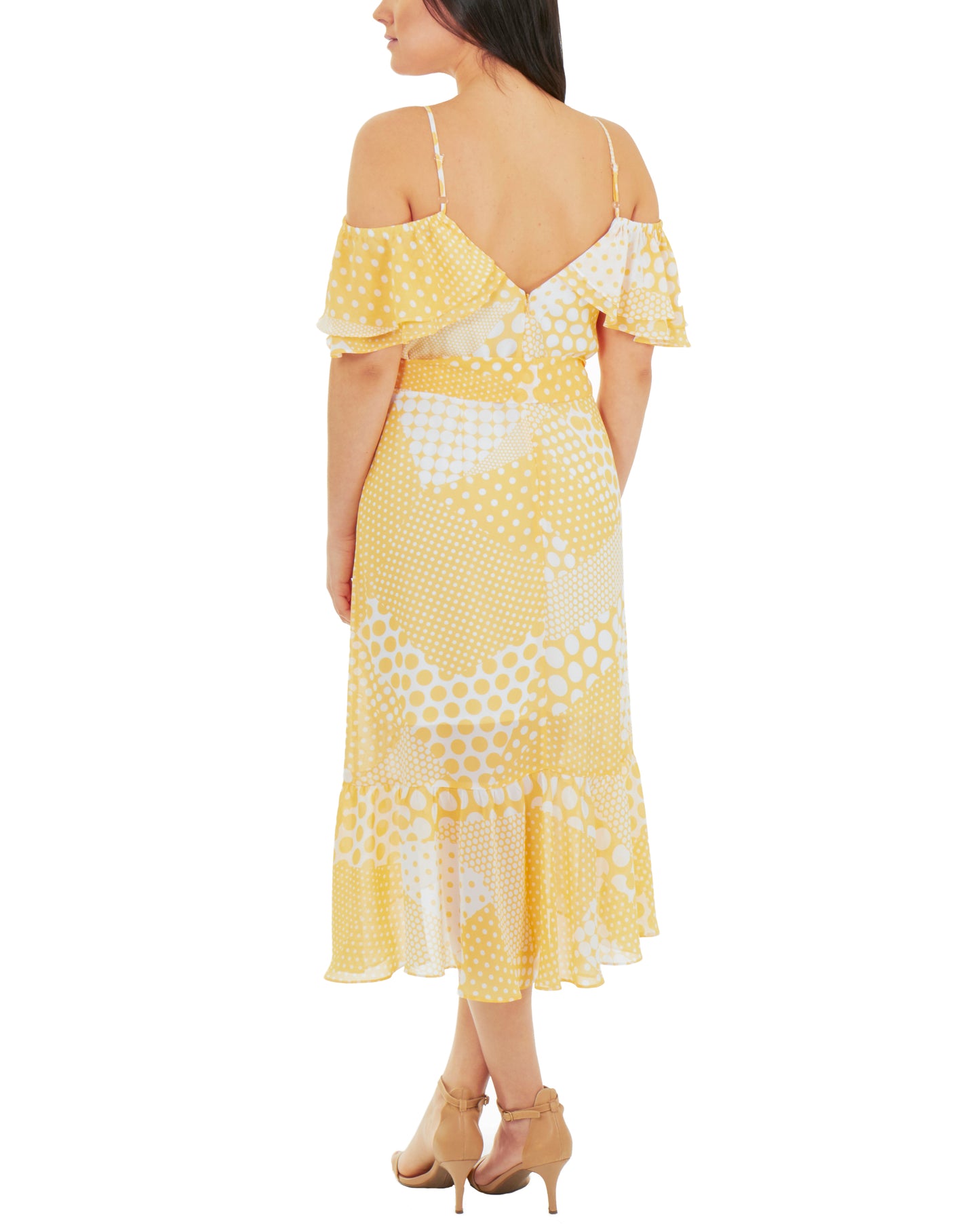 Vestido feminino NY Collection com babados e ombros descobertos, amarelo, tamanho 14