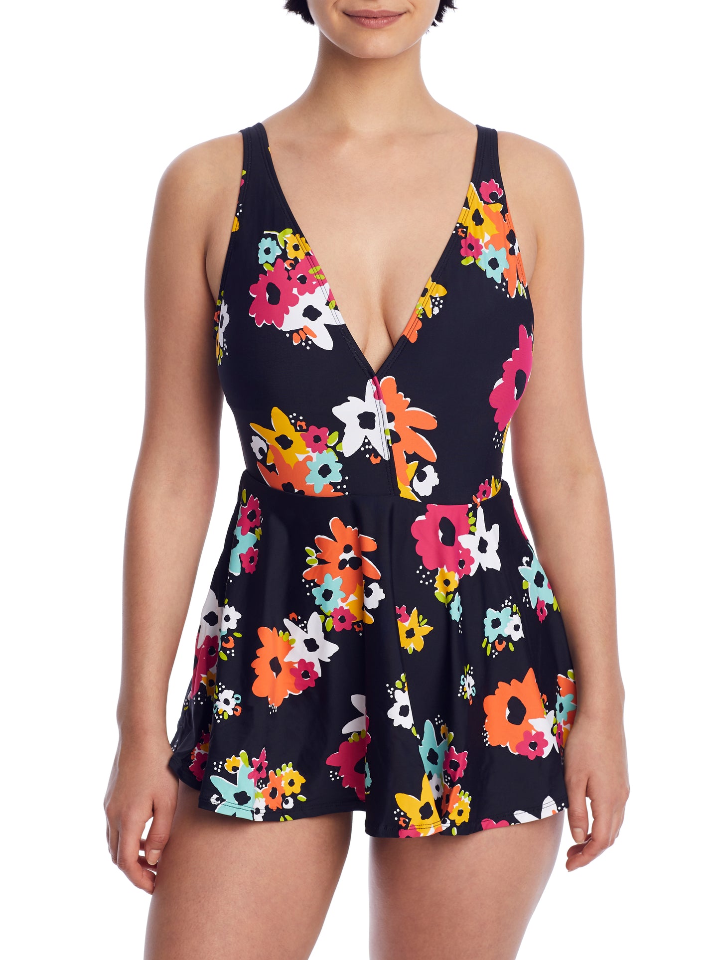 Vestido de banho feminino Anne Cole Island Bloom Plunge Swim Suit preto tamanho 10